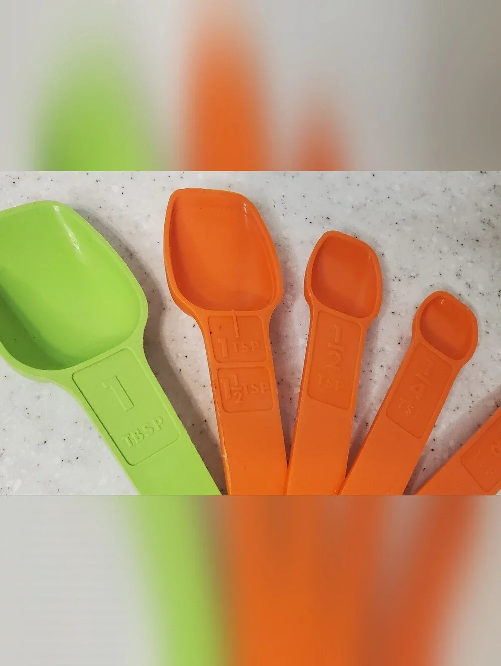 Vintage Tupperware Measuring Spoon Set Orange Green 5 Pc Removable Ring USA